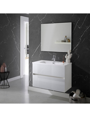 Mueble Glass Line susp.80+lavabo + espejo. Color Blanco Polar
